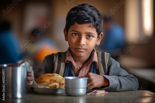 Close-up portrait photography of a glad kid male having breakfast against a school campus background. With generative AI technology