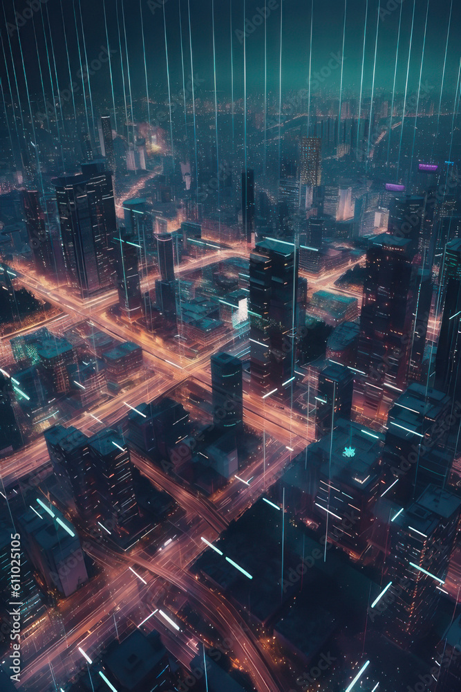 Internet networks over a big city, , neon light. Vertical illustration. AI generative.