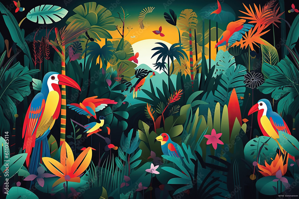 Illustration Seamless pattern with Birds and tropical plants Illustration Seamless pattern with Birds and tropical plants
