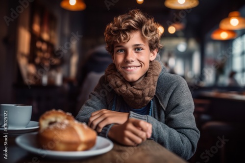 Medium shot portrait photography of a joyful mature boy having breakfast against a cozy coffee shop background. With generative AI technology