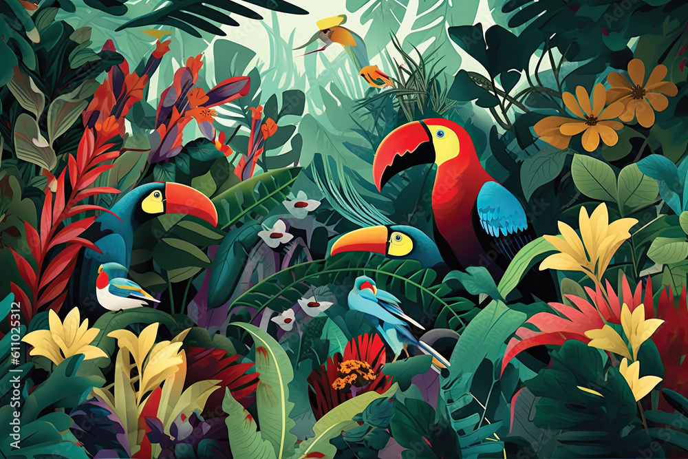 Illustration Seamless pattern with Birds and tropical plants