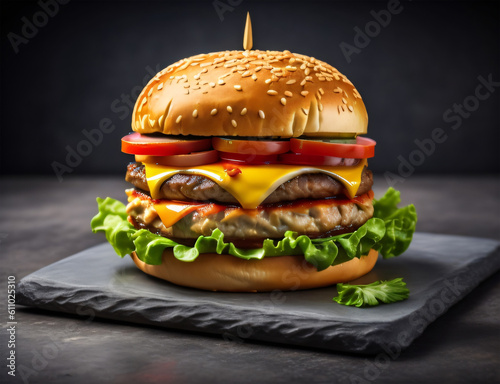 Fresh and tasty juicy burger on dark background, Delicious grilled burger, Beef burgers on wooden table, delicious homemade burger of beef, cheese and vegetables on an old wooden table.