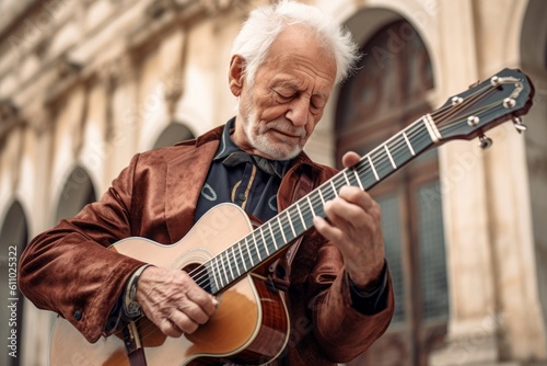 Medium shot portrait photography of a glad old man playing the guitar against a historic library background. With generative AI technology