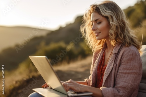 Lifestyle portrait photography of a glad girl in her 30s using the laptop against a rolling hills background. With generative AI technology