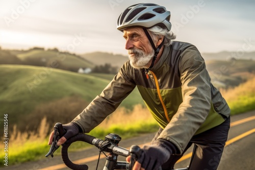 Environmental portrait photography of a glad mature man riding a bike against a rolling hills background. With generative AI technology