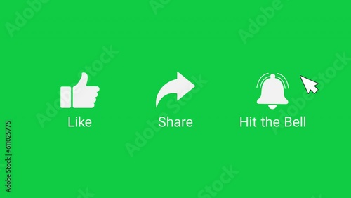 The animated reveal of the like, share, and bell notification buttons. Isolated on a green background.