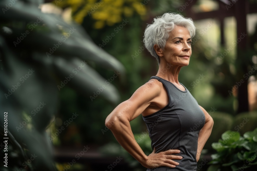 Environmental portrait photography of a tender mature woman working out against a botanical garden background. With generative AI technology Environmental portrait photography of a tender mature woman working out against a botanical garden background. With generative AI technology