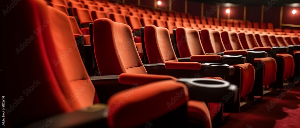 Row of cinema red seat, empty red velvet chairs in theater. Generative Ai Row of cinema red seat, empty red velvet chairs in theater. Generative Ai