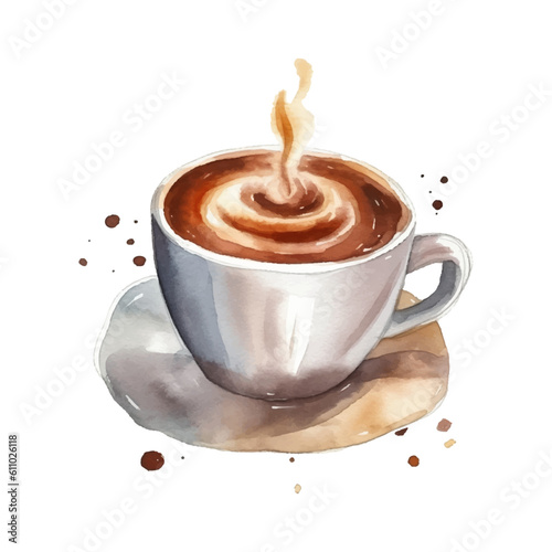 Vector watercolor cup of coffee, latte cappuccino espresso with heart, isolated on white background. Vector illustration hand drawn
