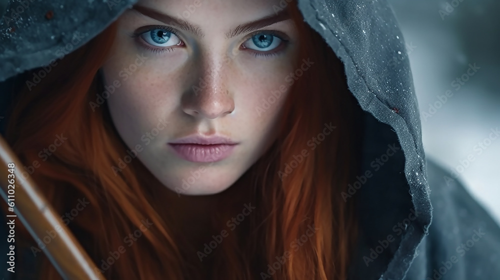 Fantasy red-haired girl, blue hood on her head, hunter and warrior, generative AI tools Fantasy red-haired girl, blue hood on her head, hunter and warrior, generative AI tools