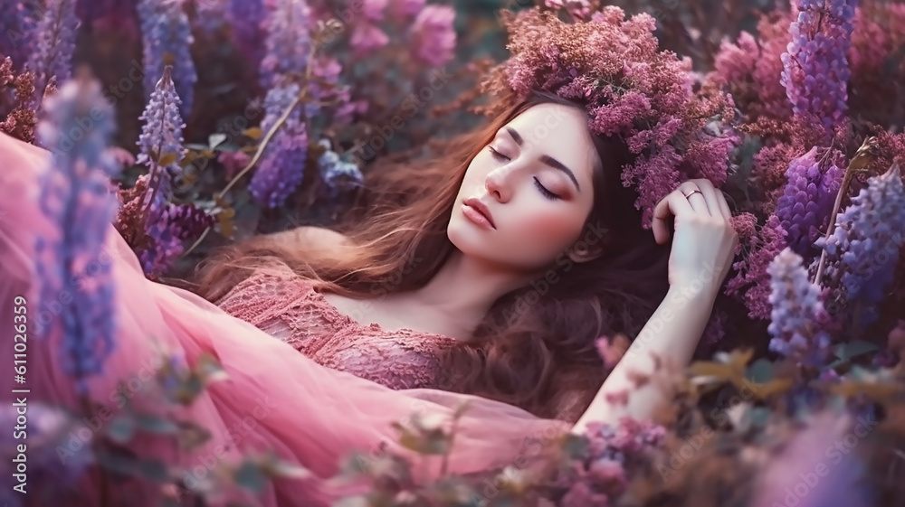 Elegant fantasy girl sleep magical purple flower field dreaming, generative AI tools Elegant fantasy girl sleep magical purple flower field dreaming, generative AI tools