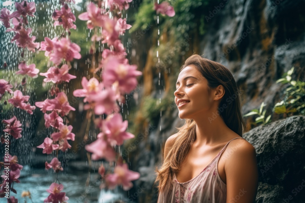 Lifestyle portrait photography of a happy girl in her 30s sniffing the flowers against a majestic waterfall background. With generative AI technology Lifestyle portrait photography of a happy girl in her 30s sniffing the flowers against a majestic waterfall background. With generative AI technology