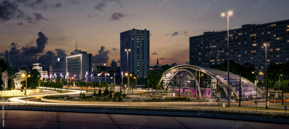 Obraz na płótnie Illuminated Night Skyline in Metropolitan Downtown of Katowice, Poland w salonie