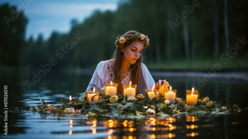  Fantasy girl mermaid nymph stands in water herbal wreath floa candles burning,holiday Ivan Kupala, generative AI tools  photo