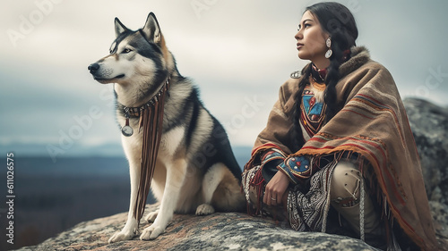American Indian woman, huntress sits with wolf, generative AI tools 