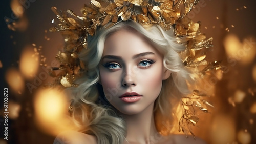 Fantasy portrait closeup woman with golden skin, lips, wreath gold roses, Elf fairy princess, generative AI tools   © ksu_ok