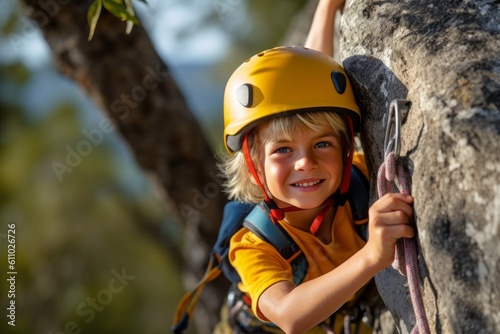 Medium shot portrait photography of a grinning boy in his 30s practicing rock climbing against a wildlife reserve background. With generative AI technology