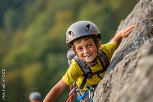 Medium shot portrait photography of a grinning boy in his 30s practicing rock climbing against a wildlife reserve background. With generative AI technology