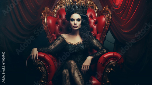 Fantasy dark evil queen sitting on throne, vampire princess, generative AI tools 