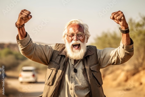 Lifestyle portrait photography of a satisfied old man celebrating with his fists against a wildlife reserve background. With generative AI technology
