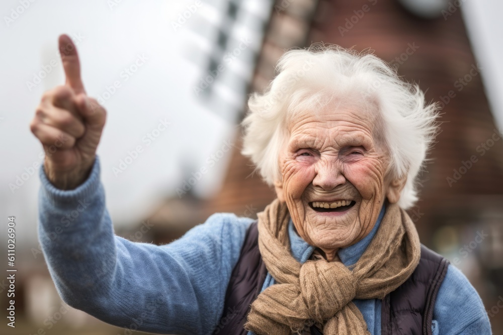 Close-up portrait photography of a happy old woman showing ok gesture against a rustic windmill background. With generative AI technology Close-up portrait photography of a happy old woman showing ok gesture against a rustic windmill background. With generative AI technology