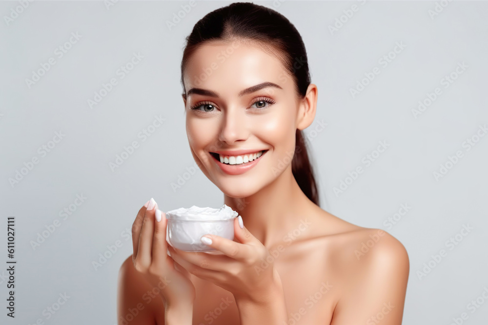 Beautiful woman applies face cream. Smiling woman with perfect makeup on white background. Beauty treatment. Woman beauty face, generative ai Beautiful woman applies face cream. Smiling woman with perfect makeup on white background. Beauty treatment. Woman beauty face, generative ai