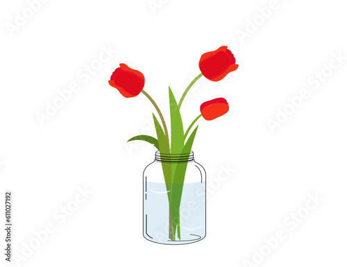 Bouquet of tulips in a vase (bank). Interior. Vector icon