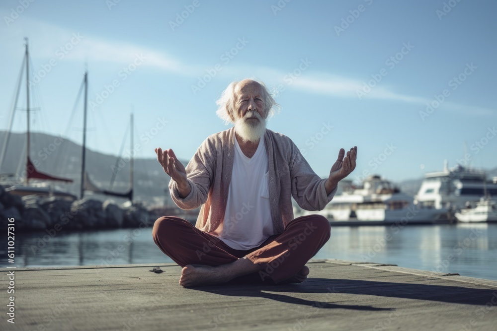 Environmental portrait photography of a satisfied old man practicing yoga against a picturesque harbor background. With generative AI technology Environmental portrait photography of a satisfied old man practicing yoga against a picturesque harbor background. With generative AI technology
