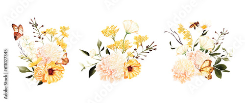 Summer floral bouquet watercolor vector elements design