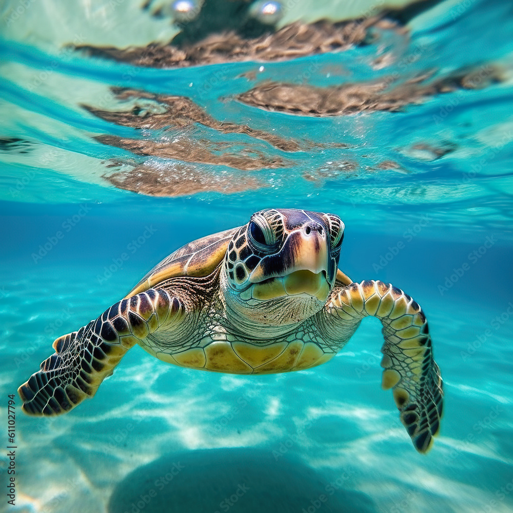 Fototapeta premium A turtle swimming in the clear blue water. Generative AI.