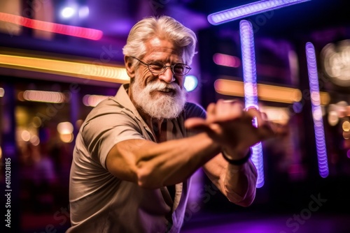 Medium shot portrait photography of a grinning mature man practicing yoga against a lively night club background. With generative AI technology