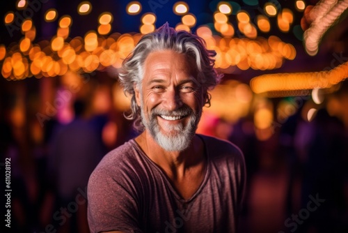 Medium shot portrait photography of a grinning mature man practicing yoga against a lively night club background. With generative AI technology