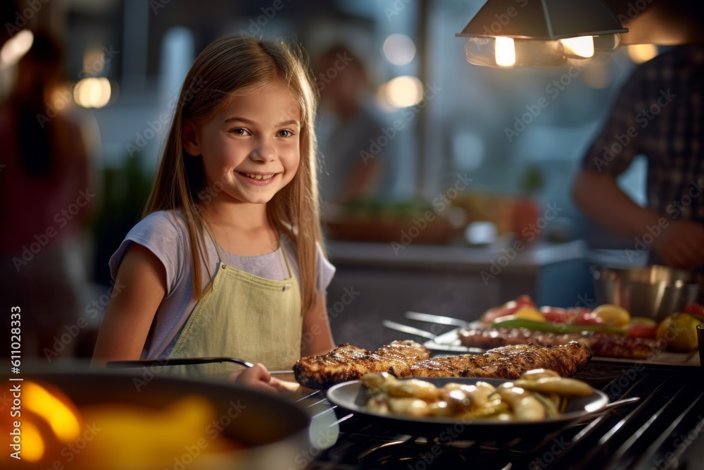 Medium shot portrait photography of a glad kid female cooking on a grill against a peaceful yoga studio background. With generative AI technology