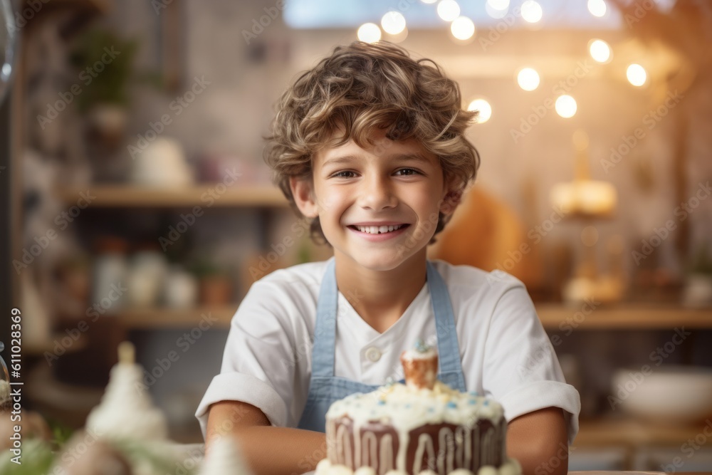 Medium shot portrait photography of a grinning kid male making a cake against a peaceful yoga studio background. With generative AI technology