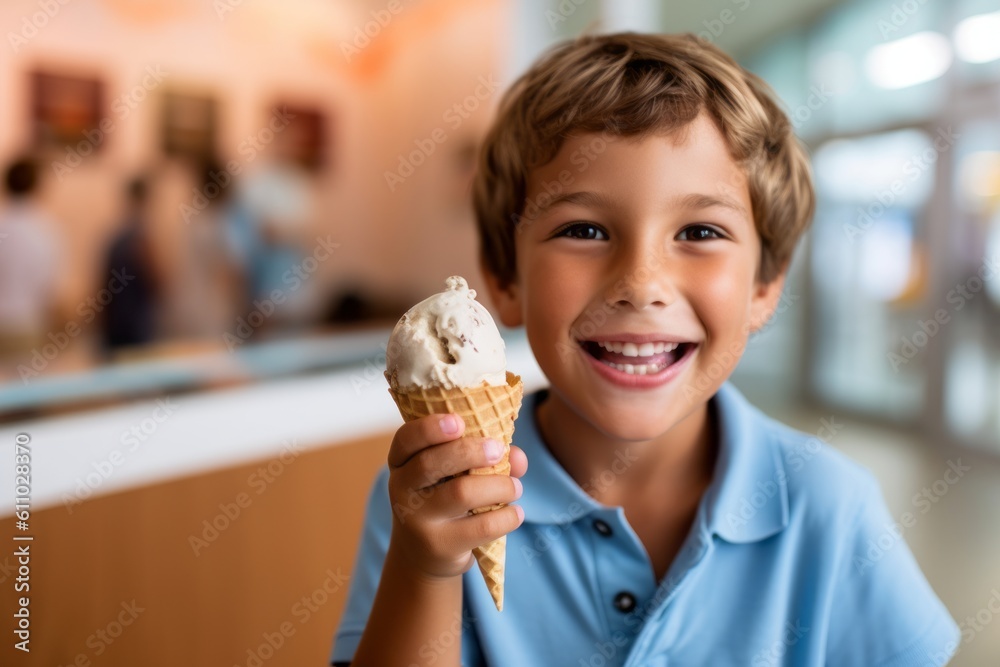 Medium shot portrait photography of a satisfied kid male eating ice cream against a peaceful yoga studio background. With generative AI technology