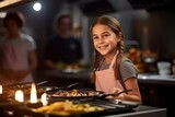Medium shot portrait photography of a glad kid female cooking on a grill against a peaceful yoga studio background. With generative AI technology
