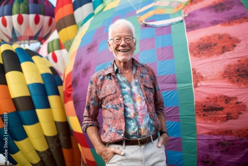 Full-length portrait photography of a glad old man smiling against a colorful hot air balloon background. With generative AI technology