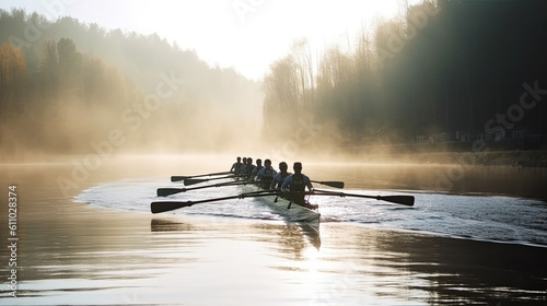 rowing team in in a rowboat on a lake or river at sunset. Generative AI