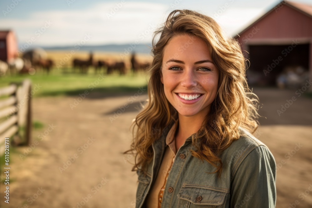 Environmental portrait photography of a glad girl in her 30s smiling against a sprawling ranch background. With generative AI technology