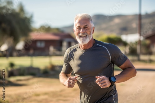Environmental portrait photography of a satisfied mature man working out against a sprawling ranch background. With generative AI technology