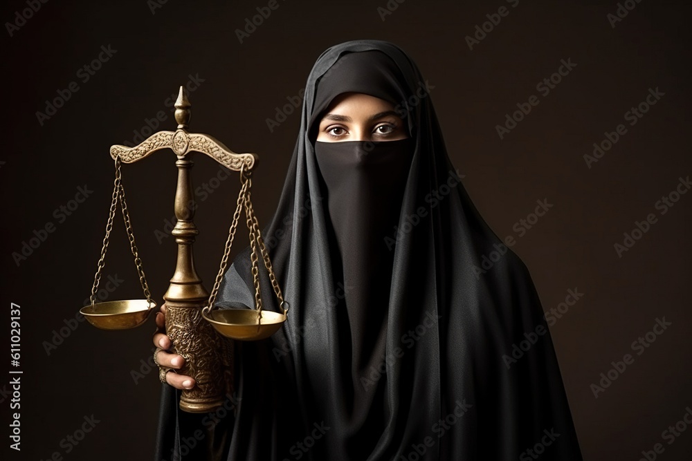 An Arab woman in niqab holds the scales of justice, symbolizing the