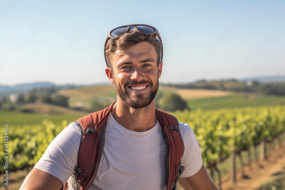 Close-up portrait photography of a satisfied boy in his 30s riding a bike against a picturesque vineyard background. With generative AI technology Close-up portrait photography of a satisfied boy in his 30s riding a bike against a picturesque vineyard background. With generative AI technology