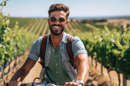 Close-up portrait photography of a satisfied boy in his 30s riding a bike against a picturesque vineyard background. With generative AI technology