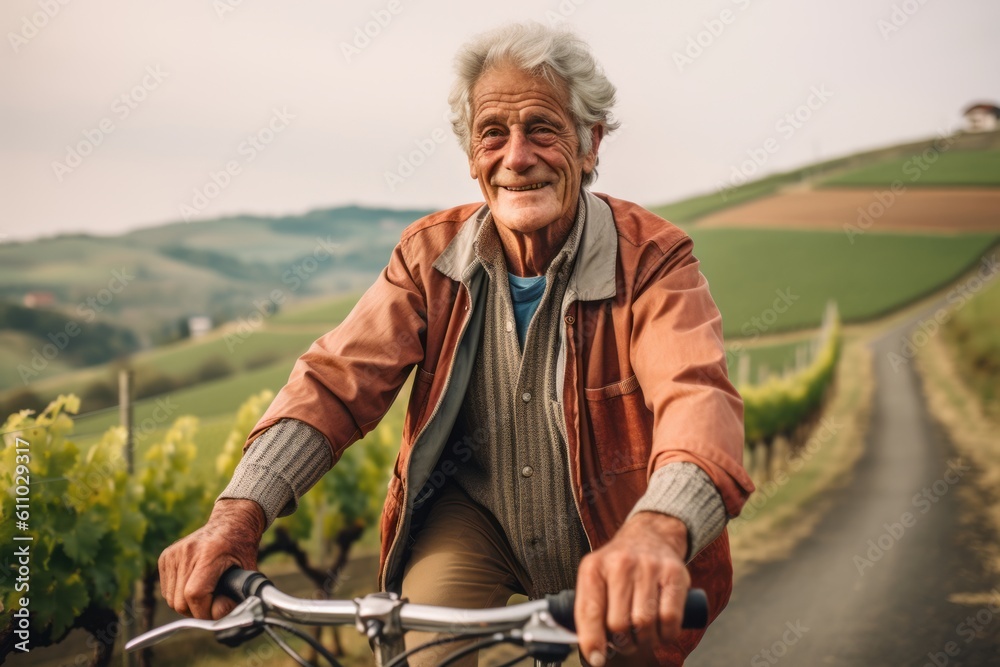Close-up portrait photography of a glad old man riding a bike against a picturesque vineyard background. With generative AI technology