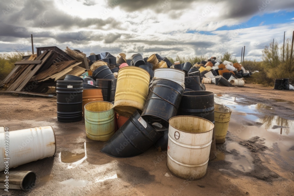 dumping ground for chemical waste, with barrels and containers overflowing onto the ground, created with generative ai dumping ground for chemical waste, with barrels and containers overflowing onto the ground, created with generative ai