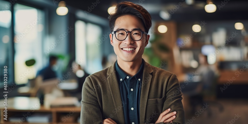 Handsome chinese male Software Developer in a modern office, radiating ...