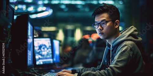Handsome chinese male Software Developer in a modern office, radiating confidence with a subtle smile. Embodies expertise and innovation in the fast-paced tech industry. Generative AI