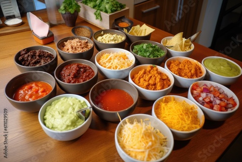 fusion taco bar, with different kinds of tacos, salsas and toppings available, created with generative ai