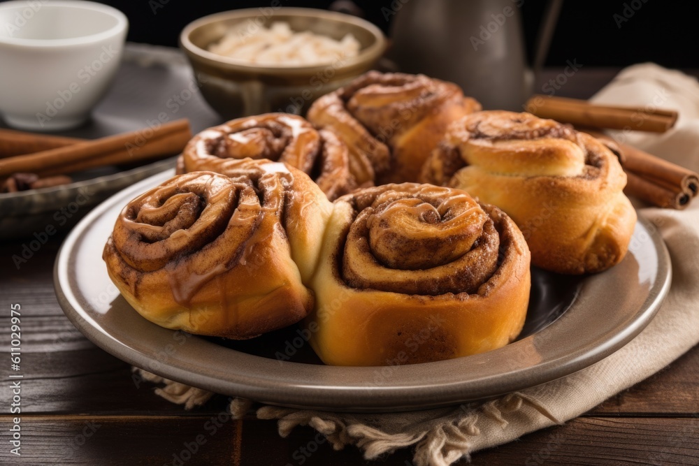 plate of warm and cinnamon-scented rolls, perfect for cozy winter mornings, created with generative ai plate of warm and cinnamon-scented rolls, perfect for cozy winter mornings, created with generative ai