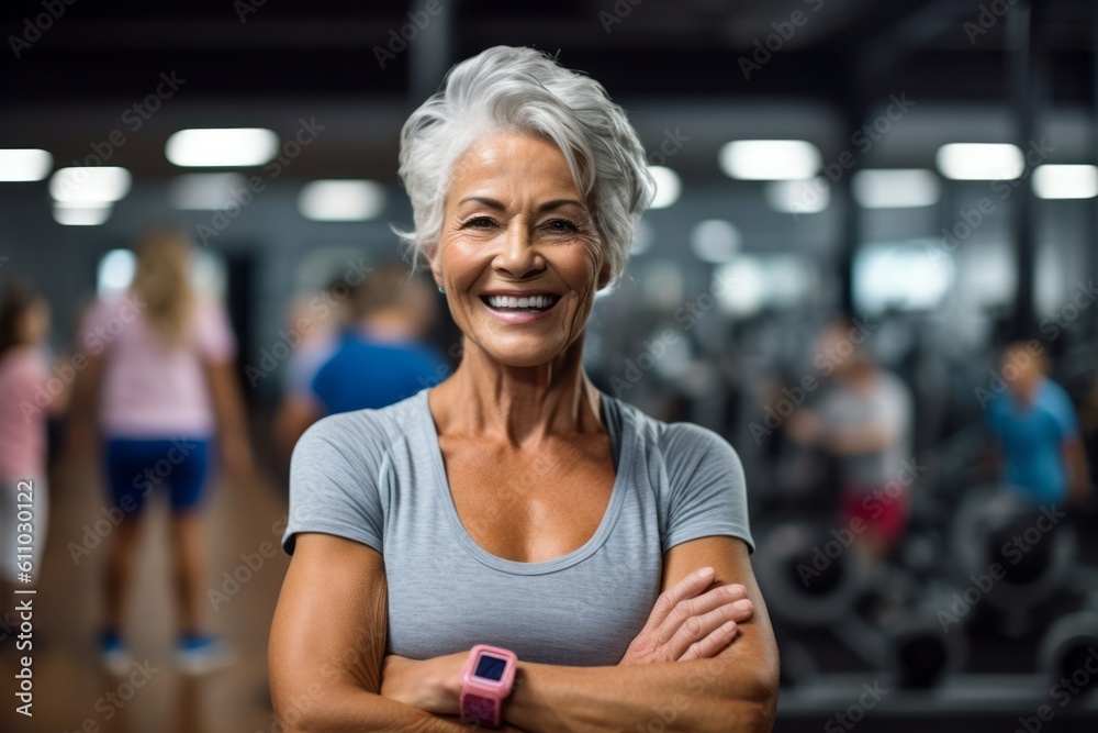 Close-up portrait photography of a glad mature girl celebrating winning against a modern fitness center background. With generative AI technology Close-up portrait photography of a glad mature girl celebrating winning against a modern fitness center background. With generative AI technology